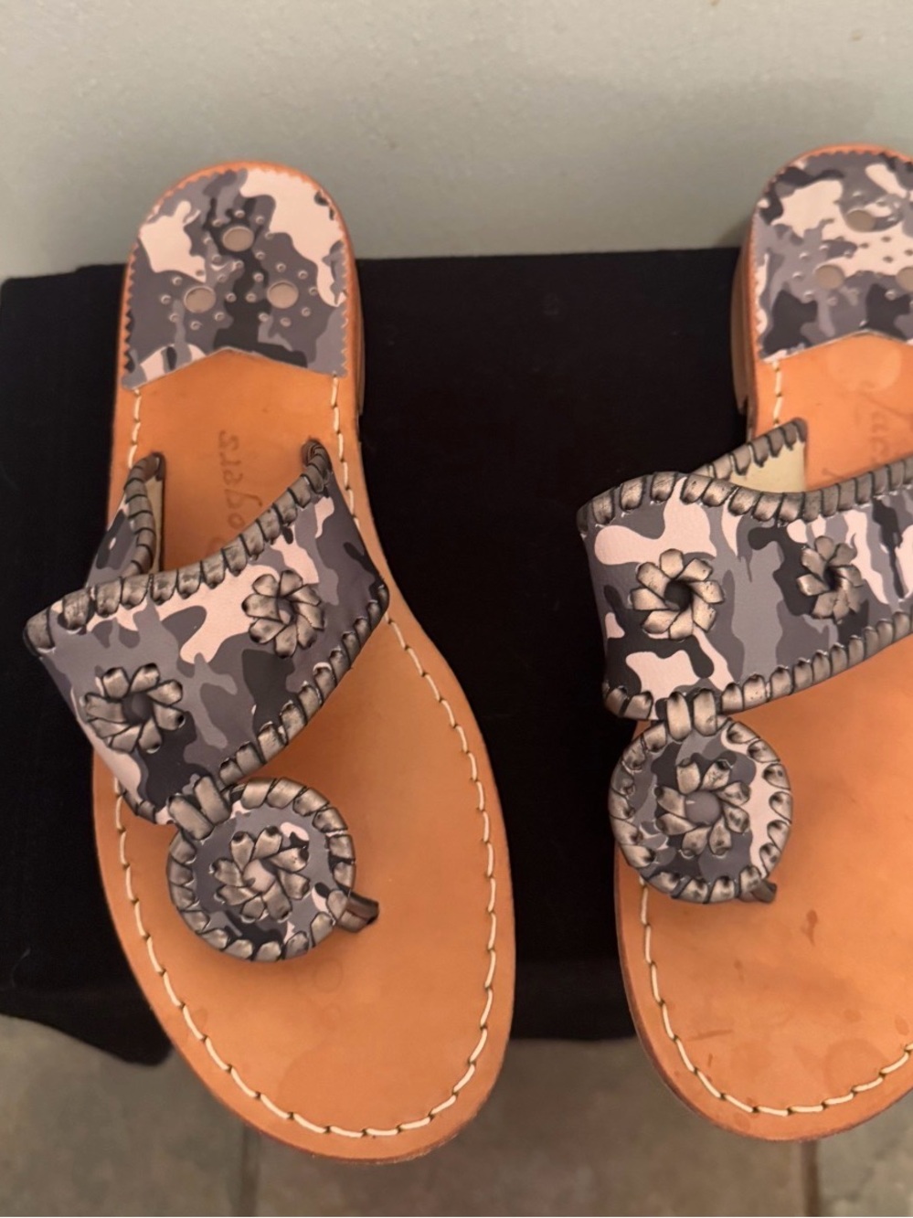 Jack Rogers Tan Leather Sandals with Gray Camo Trim